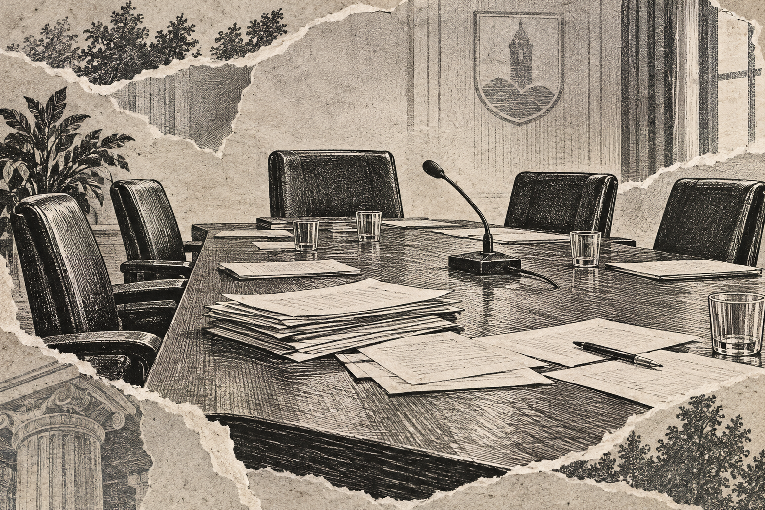 Symbolische Zeitungsillustration eines leeren Sitzungstisches mit Mikrofon und Unterlagen